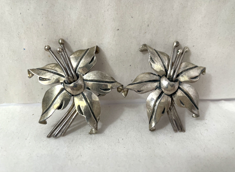 Vintage Mexico 925 Sterling Silver Floral Clip-On Earrings 17g